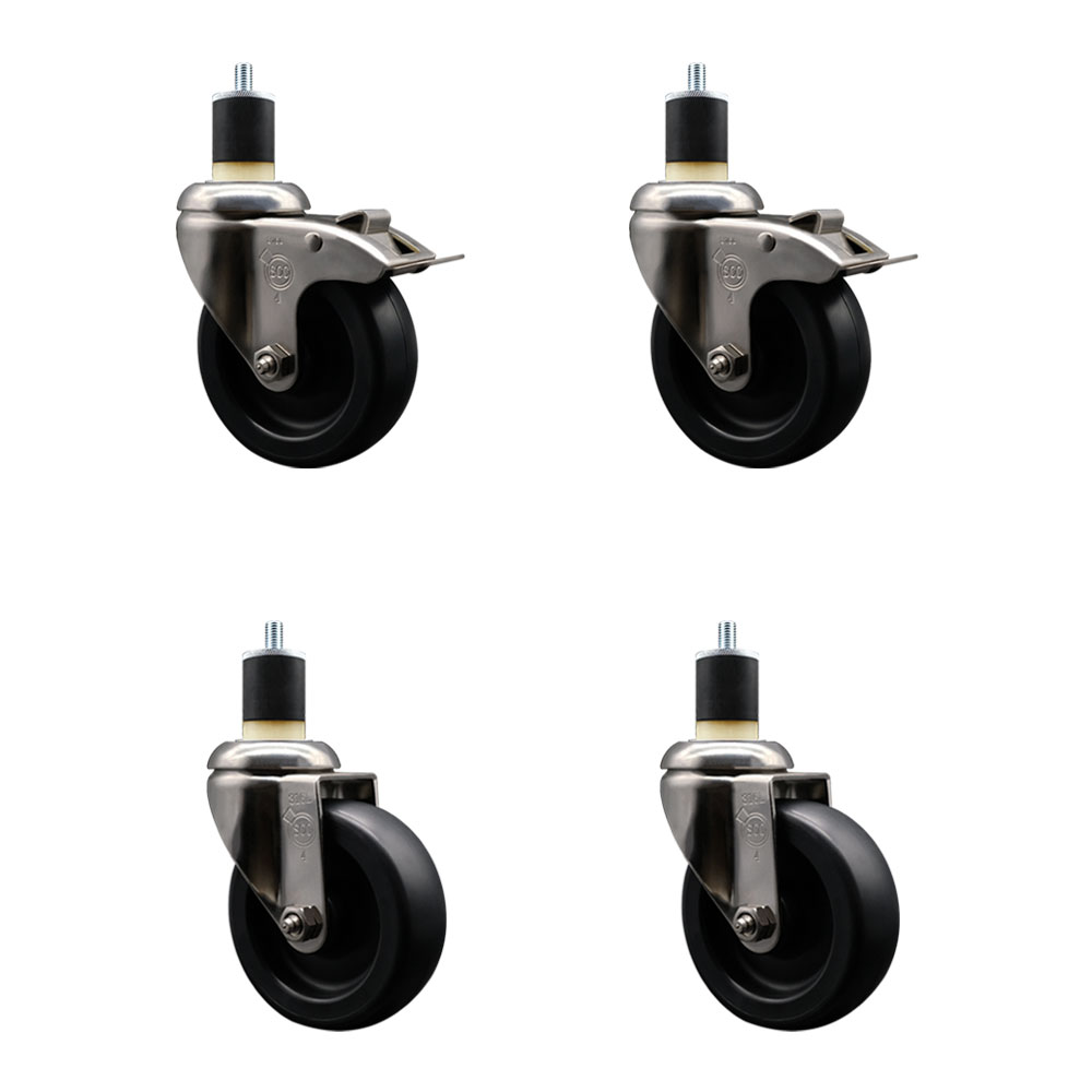 Polyolefin Swivel Stem Caster Wheels Set of 4 with 4 Inch Black Wheels - 1-7/8" Expanding Stem - 316 Stainless Steel Casters-Includes 2 Swivel with Total Lock Brakes and 2 Swivel- Service Caster Brand — photo 1