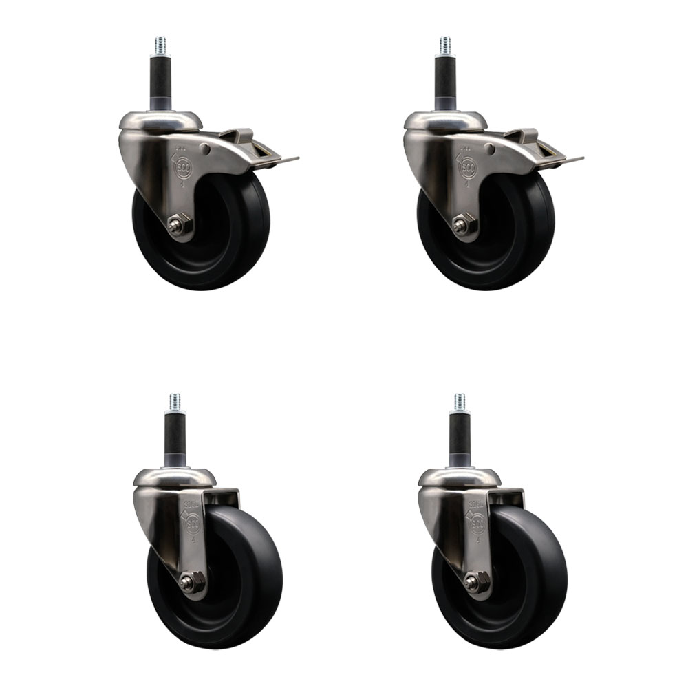 Polyolefin Swivel Stem Caster Wheels Set of 4 with 4 Inch Black Wheels - 1" Expanding Stem - 316 Stainless Steel Casters-Includes 2 Swivel with Total Lock Brakes and 2 Swivel- Service Caster Brand — photo 1