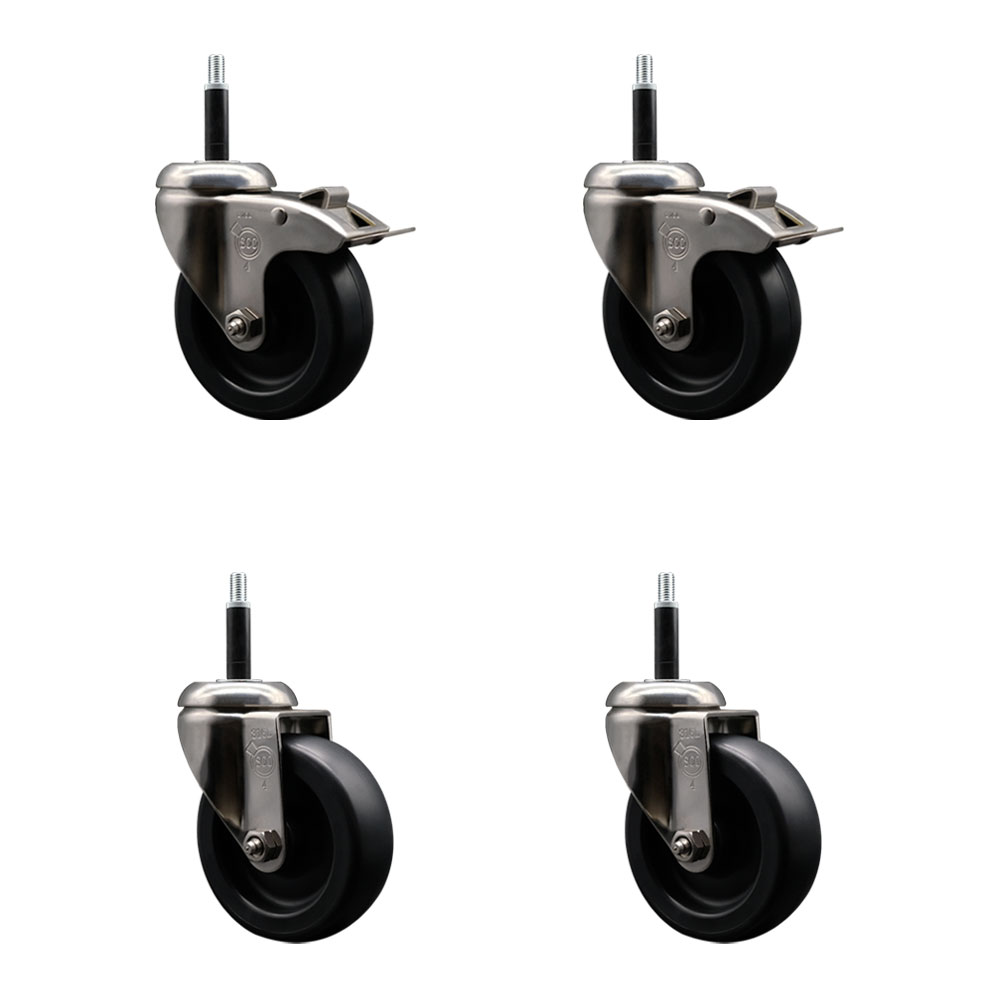 Polyolefin Swivel Stem Caster Wheels Set of 4 with 4 Inch Black Wheels - 3/4" Expanding Stem - 316 Stainless Steel Casters-Includes 2 Swivel with Total Lock Brakes and 2 Swivel- Service Caster Brand — photo 1