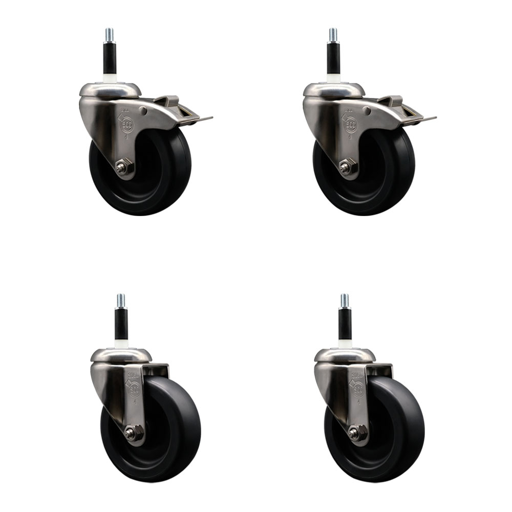Polyolefin Swivel Stem Caster Wheels Set of 4 with 4 Inch Black Wheels - 7/8" Expanding Stem - 316 Stainless Steel Casters-Includes 2 Swivel with Total Lock Brakes and 2 Swivel- Service Caster Brand — photo 1