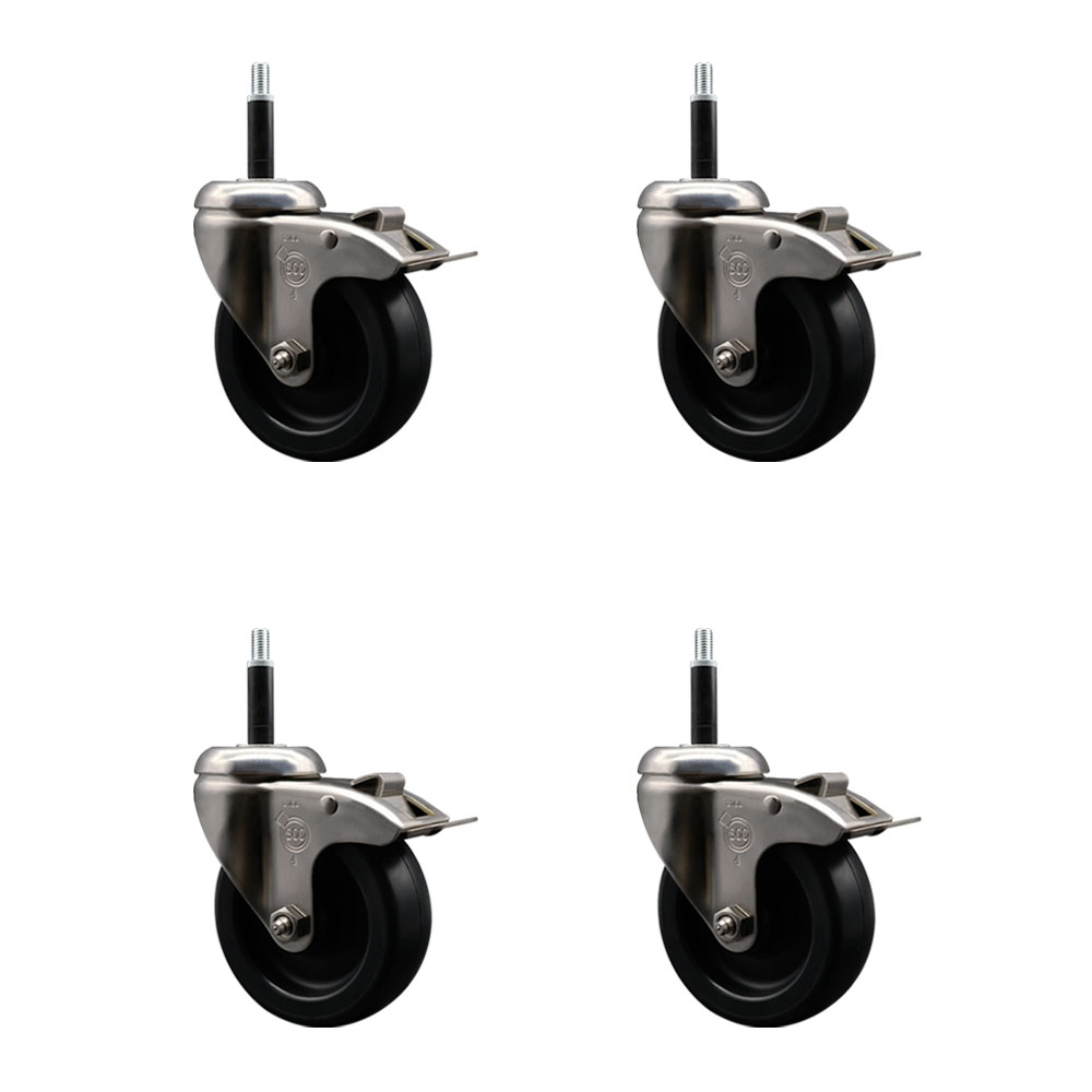 Polyolefin Swivel Stem Caster Wheels Set of 4 with 4 Inch Black Wheels - 3/4" Expanding Stems - 316 Stainless Steel Casters - Includes 4 Swivel Casters with Total Lock Brakes - Service Caster Brand — photo 1