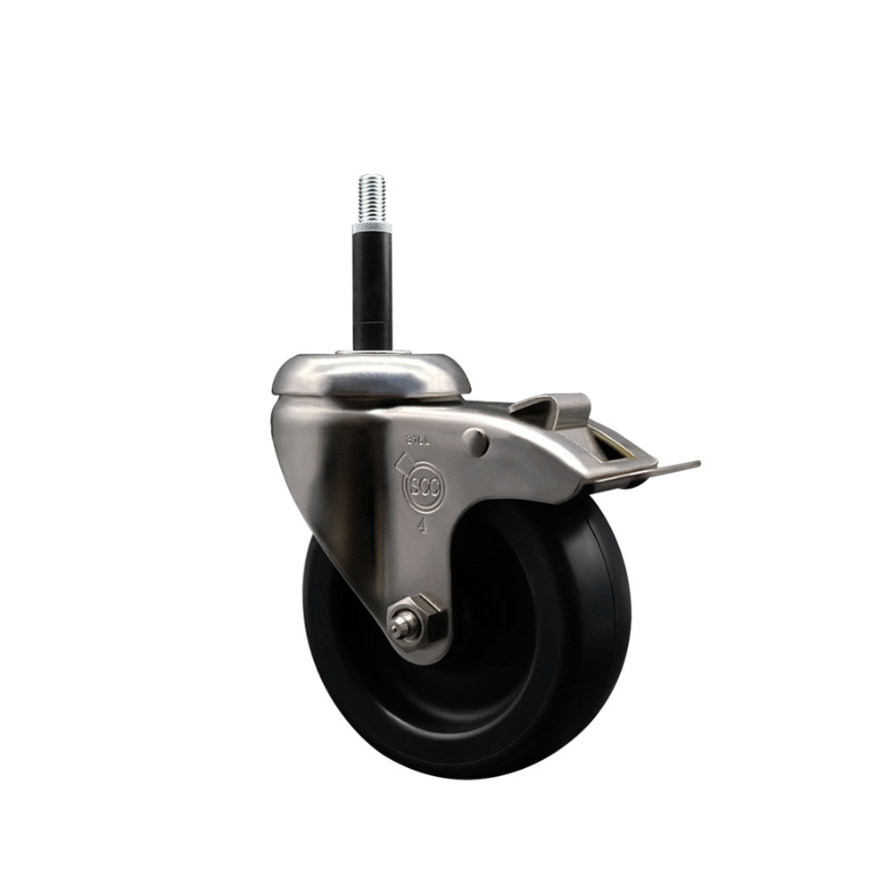 Polyolefin Swivel Stem Caster Wheel with 4 Inch Black Wheel and Total Lock Brake - 3/4" Expanding Stem - 316 Stainless Steel Caster - 350 lbs. Capacity Per Caster - Service Caster Brand — photo 1