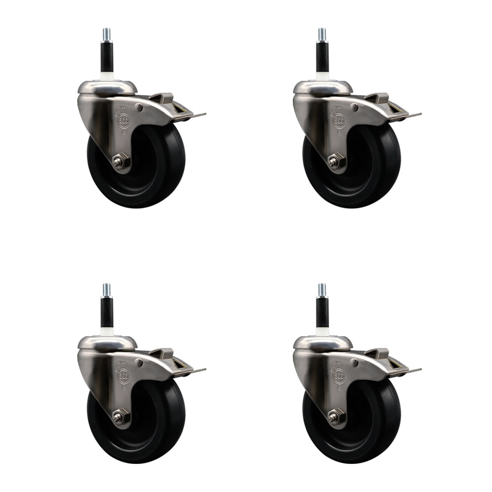 Polyolefin Swivel Stem Caster Wheels Set of 4 with 4 Inch Black Wheels - 7/8" Expanding Stems - 316 Stainless Steel Casters - Includes 4 Swivel Casters with Total Lock Brakes - Service Caster Brand — photo 1