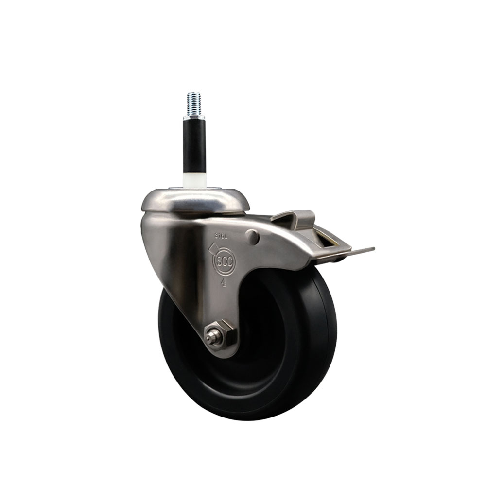 Polyolefin Swivel Stem Caster Wheel with 4 Inch Black Wheel and Total Lock Brake - 7/8" Expanding Stem - 316 Stainless Steel Caster - 350 lbs. Capacity Per Caster - Service Caster Brand — photo 1