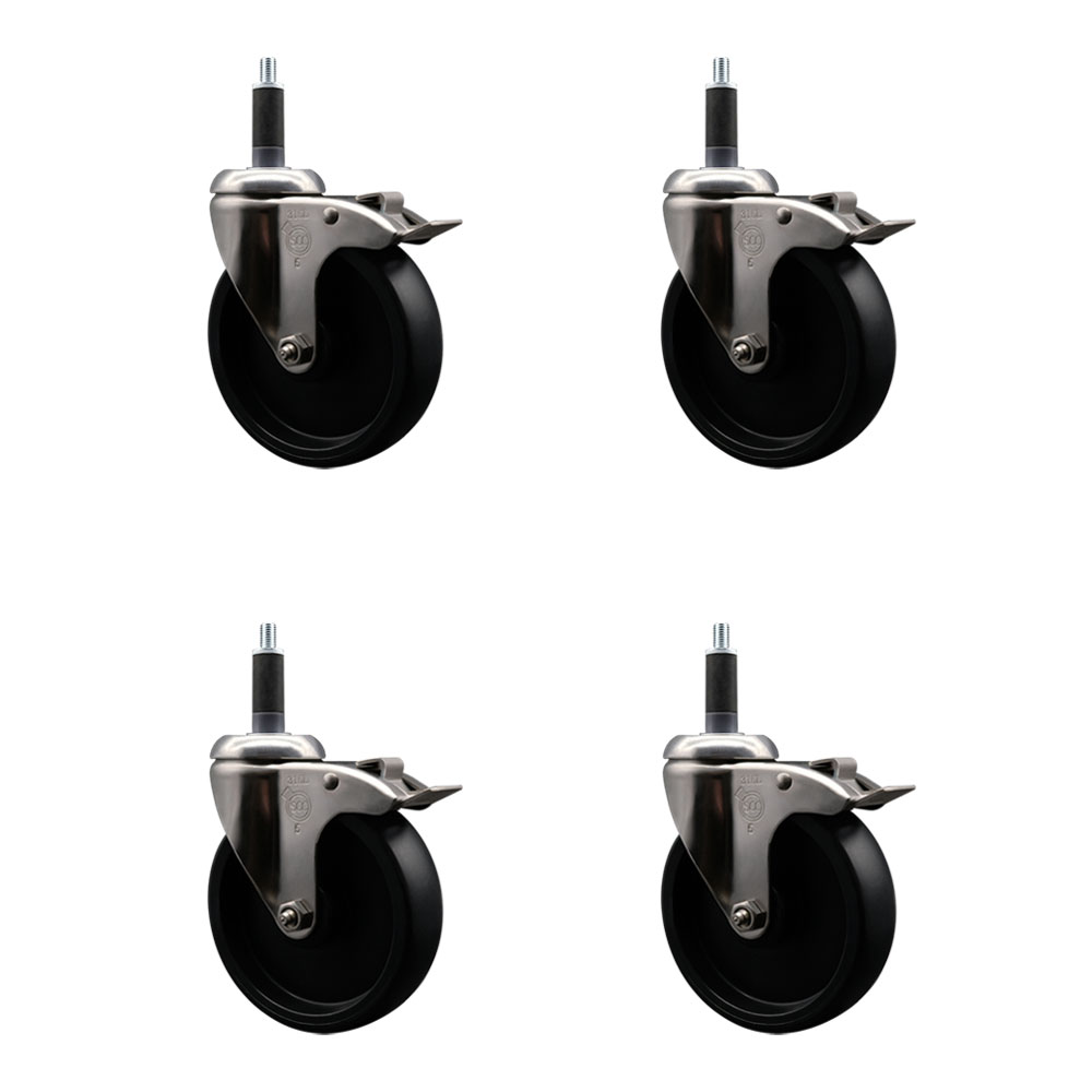 Polyolefin Swivel Stem Caster Wheels Set of 4 with 5 Inch Black Wheels - 1" Expanding Stems - 316 Stainless Steel Casters - Includes 4 Swivel Casters with Top Lock Brakes - Service Caster Brand — photo 1
