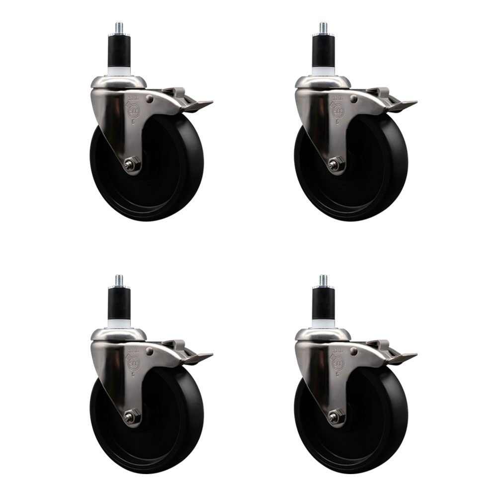 Polyolefin Swivel Stem Caster Wheels Set of 4 with 5 Inch Black Wheels - 1-1/2" Expanding Stems - 316 Stainless Steel Casters - Includes 4 Swivel Casters with Top Lock Brakes - Service Caster Brand — photo 1