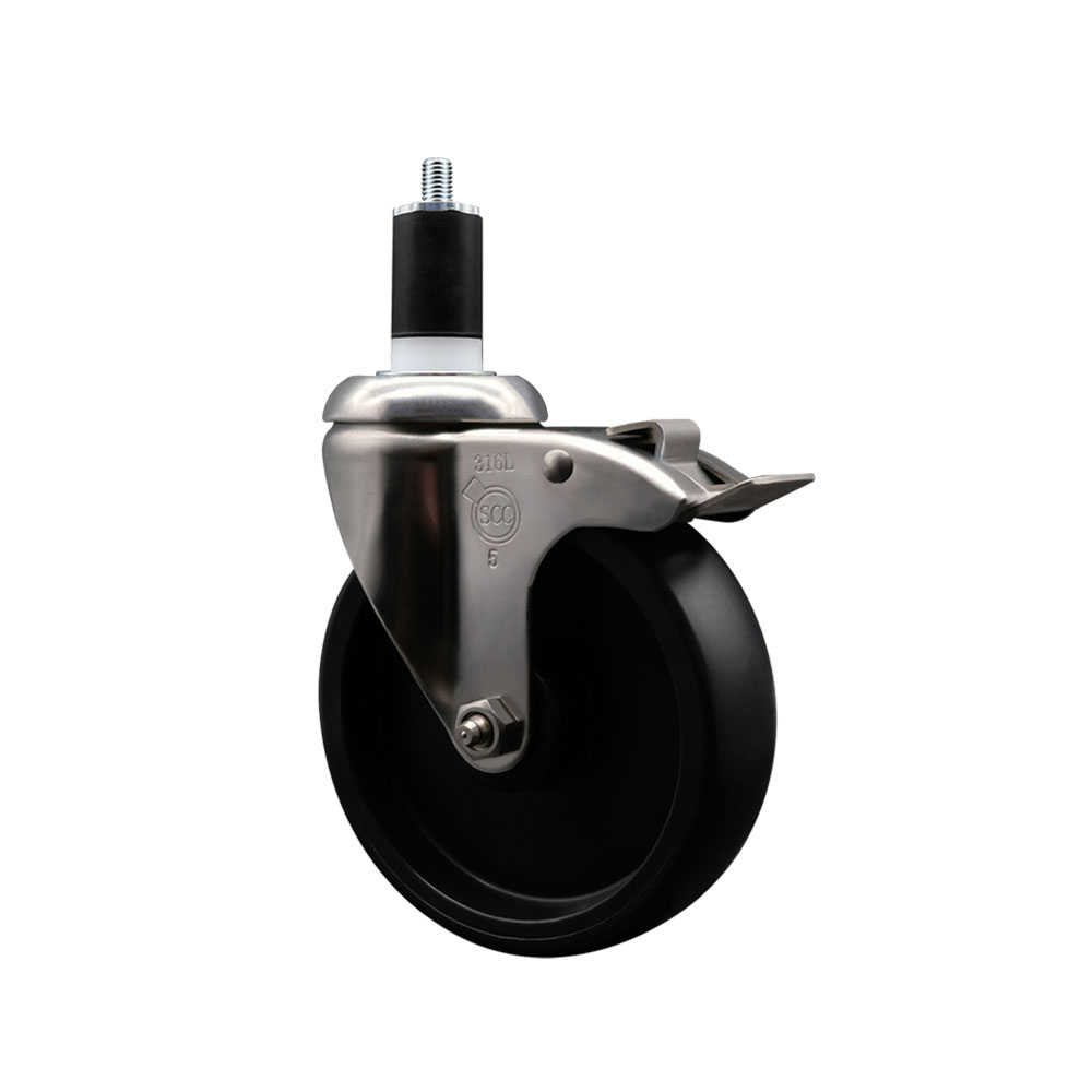 Polyolefin Swivel Stem Caster Wheel with 5 Inch Black Wheel and Total Lock Brake - 1-1/2" Expanding Stem - 316 Stainless Steel Caster - 350 lbs. Capacity Per Caster - Service Caster Brand — photo 1