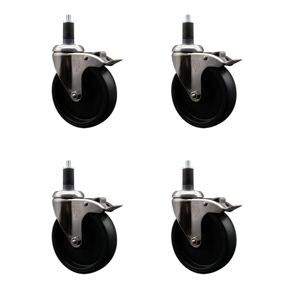 Polyolefin Swivel Stem Caster Wheels Set of 4 with 5 Inch Black Wheels - 1-1/4" Expanding Stems - 316 Stainless Steel Casters - Includes 4 Swivel Casters with Top Lock Brakes - Service Caster Brand — photo 1
