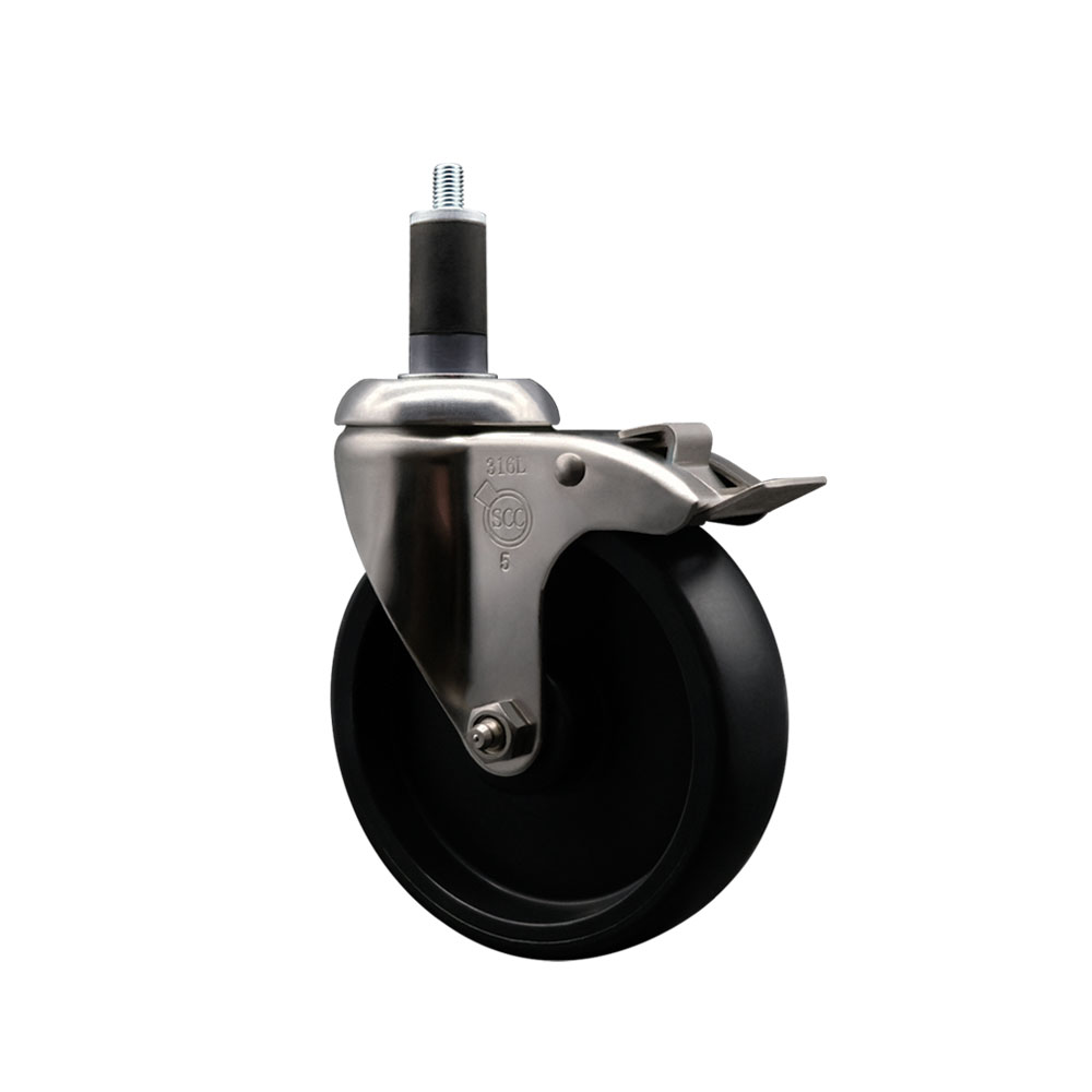 Polyolefin Swivel Stem Caster Wheel with 5 Inch Black Wheel and Total Lock Brake - 1-1/4" Expanding Stem - 316 Stainless Steel Caster - 350 lbs. Capacity Per Caster - Service Caster Brand — photo 1
