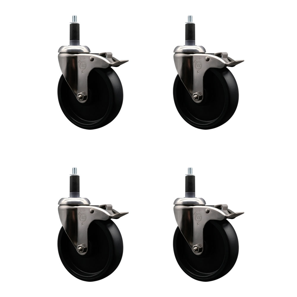 Polyolefin Swivel Stem Caster Wheels Set of 4 with 5 Inch Black Wheels - 1-1/8" Expanding Stems - 316 Stainless Steel Casters - Includes 4 Swivel Casters with Top Lock Brakes - Service Caster Brand — photo 1