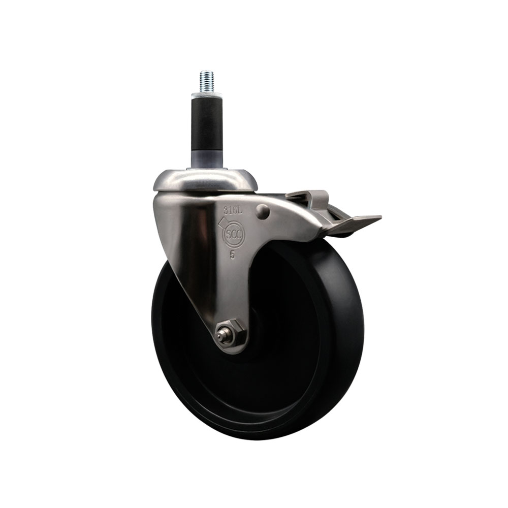 Polyolefin Swivel Stem Caster Wheel with 5 Inch Black Wheel and Total Lock Brake - 1-1/8" Expanding Stem - 316 Stainless Steel Caster - 350 lbs. Capacity Per Caster - Service Caster Brand — photo 1