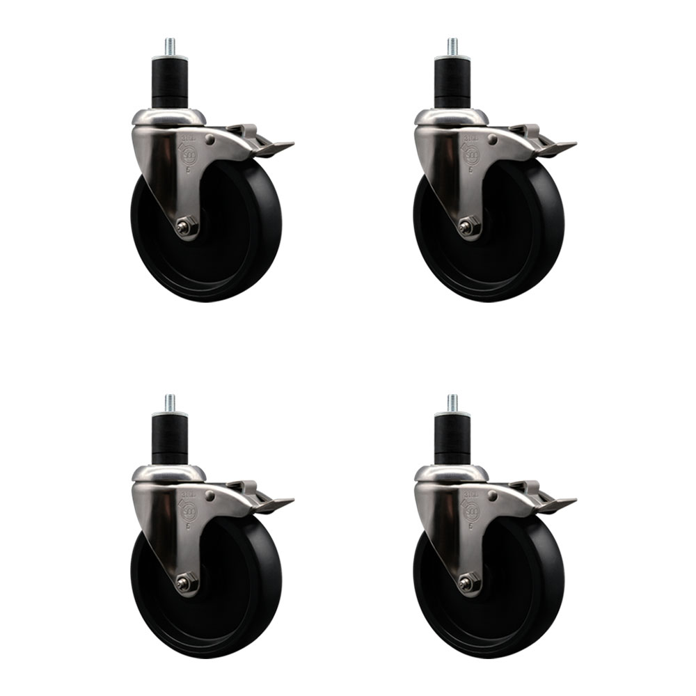 Polyolefin Swivel Stem Caster Wheels Set of 4 with 5 Inch Black Wheels - 1-3/4" Expanding Stems - 316 Stainless Steel Casters - Includes 4 Swivel Casters with Top Lock Brakes - Service Caster Brand — photo 1