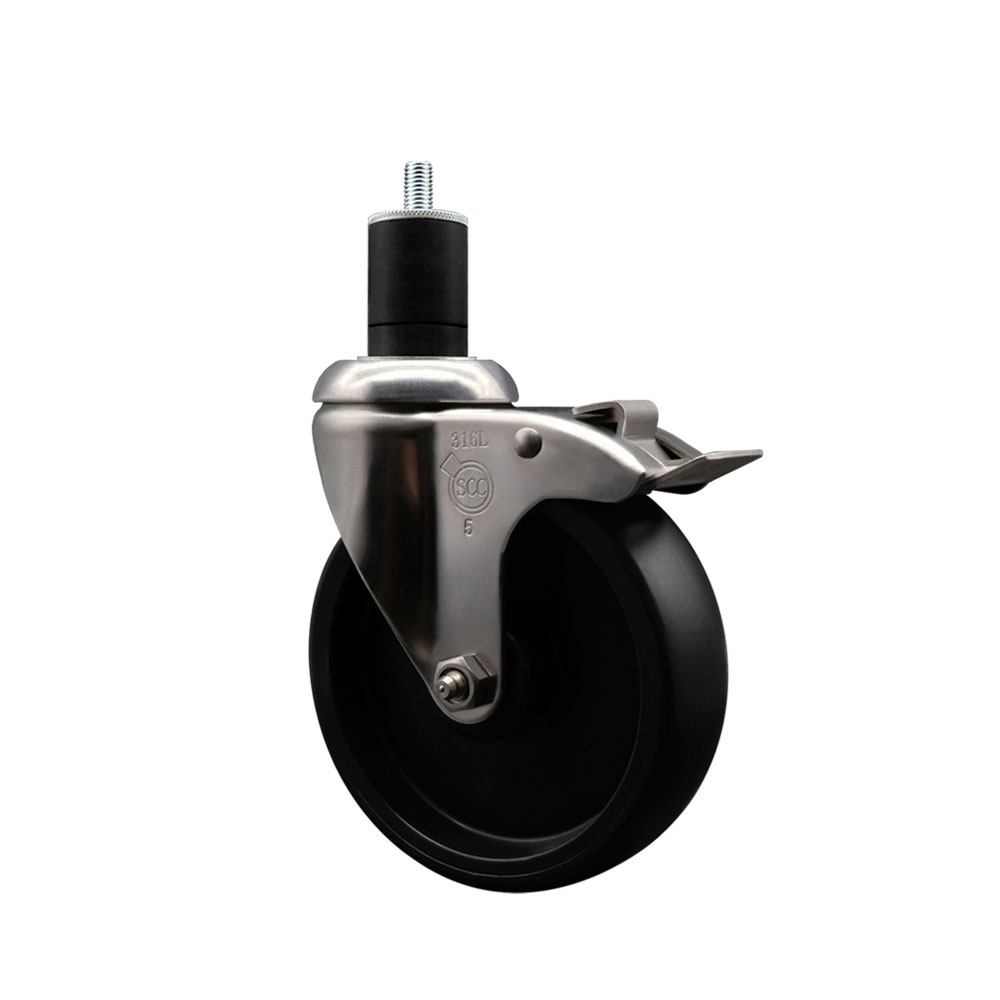 Polyolefin Swivel Stem Caster Wheel with 5 Inch Black Wheel and Total Lock Brake - 1-3/4" Expanding Stem - 316 Stainless Steel Caster - 350 lbs. Capacity Per Caster - Service Caster Brand — photo 1
