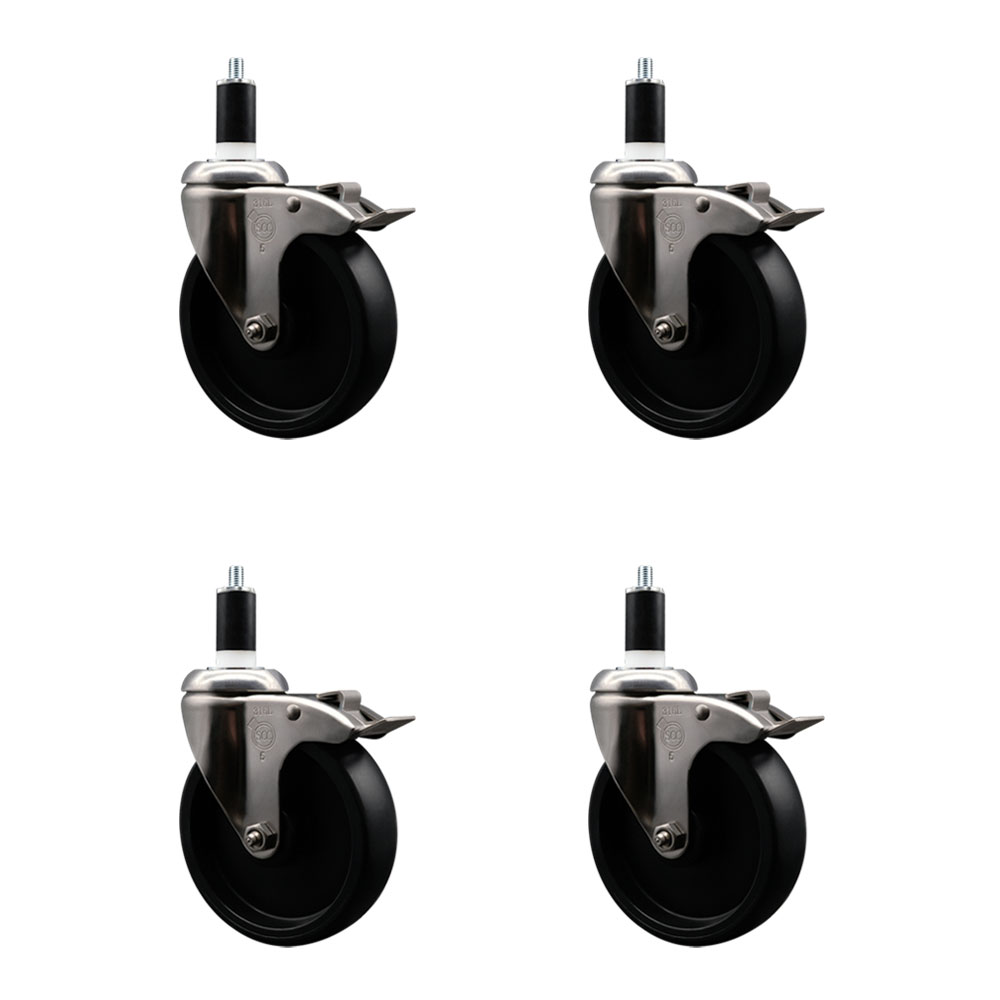 Polyolefin Swivel Stem Caster Wheels Set of 4 with 5 Inch Black Wheels - 1-3/8" Expanding Stems - 316 Stainless Steel Casters - Includes 4 Swivel Casters with Top Lock Brakes - Service Caster Brand — photo 1