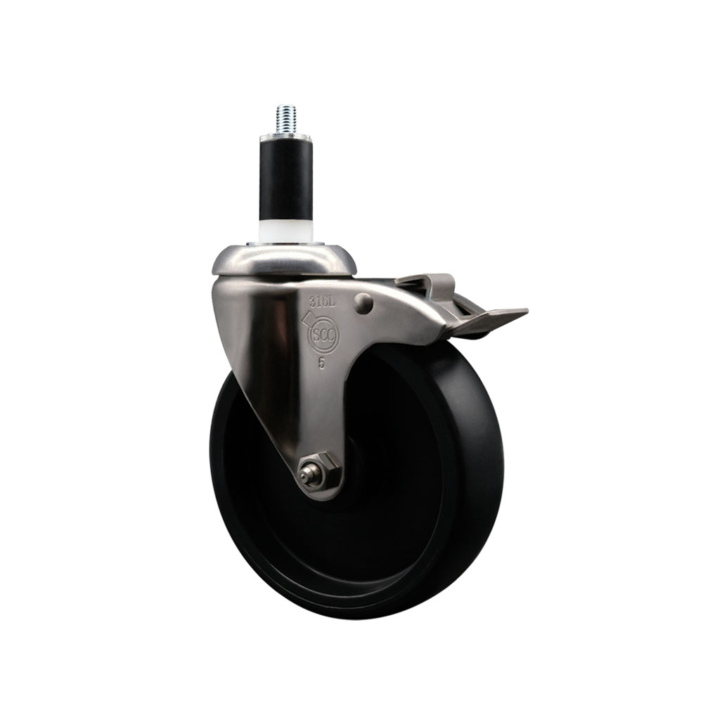 Polyolefin Swivel Stem Caster Wheel with 5 Inch Black Wheel and Total Lock Brake - 1-3/8" Expanding Stem - 316 Stainless Steel Caster - 350 lbs. Capacity Per Caster - Service Caster Brand — photo 1