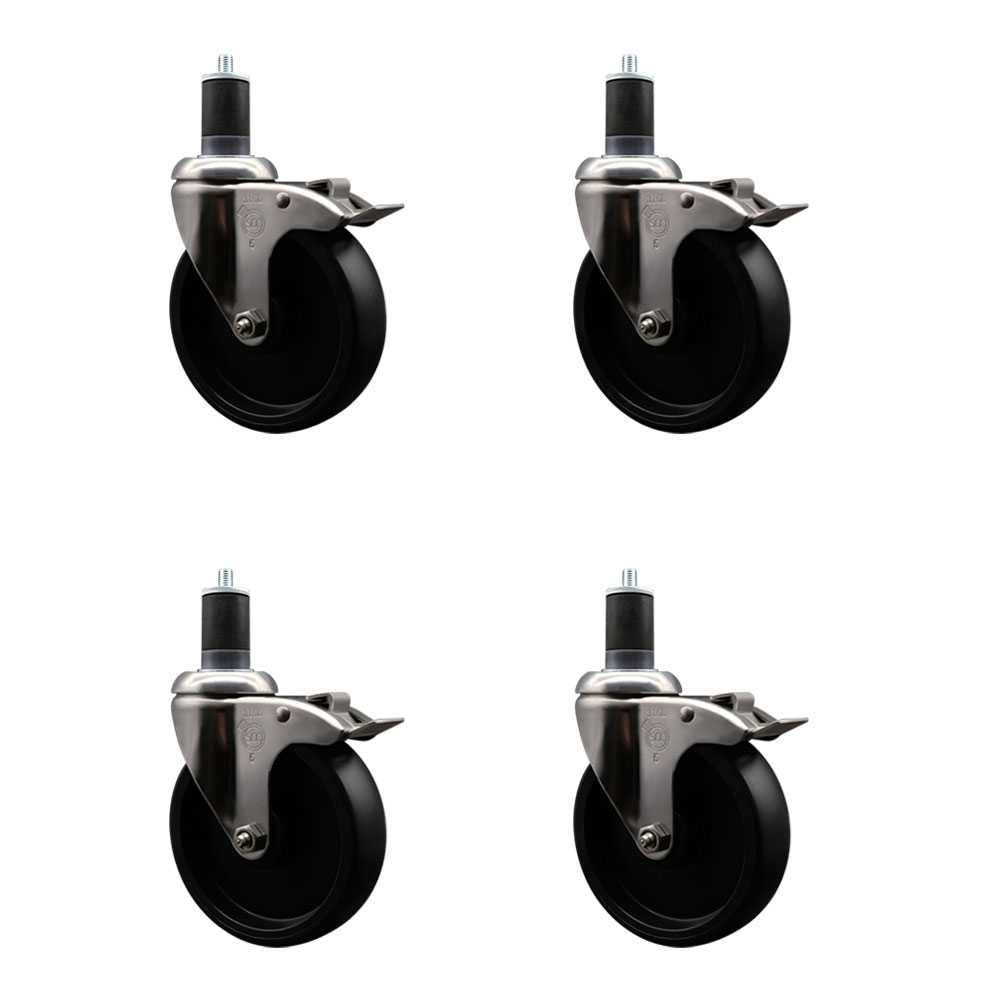 Polyolefin Swivel Stem Caster Wheels Set of 4 with 5 Inch Black Wheels - 1-5/8" Expanding Stems - 316 Stainless Steel Casters - Includes 4 Swivel Casters with Top Lock Brakes - Service Caster Brand — photo 1