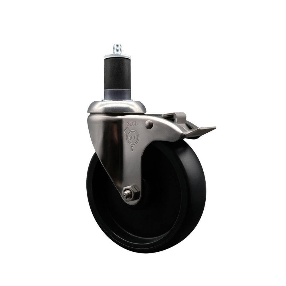 Polyolefin Swivel Stem Caster Wheel with 5 Inch Black Wheel and Total Lock Brake - 1-5/8" Expanding Stem - 316 Stainless Steel Caster - 350 lbs. Capacity Per Caster - Service Caster Brand — photo 1