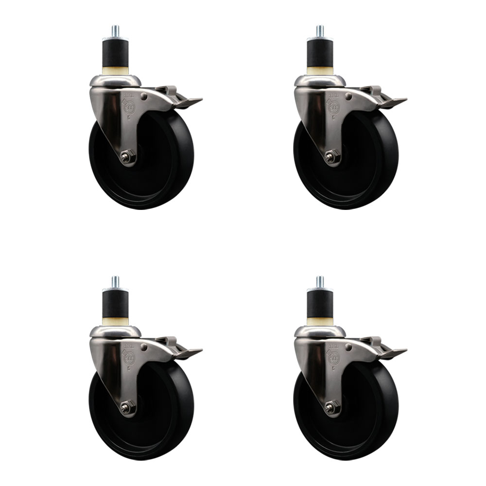 Polyolefin Swivel Stem Caster Wheels Set of 4 with 5 Inch Black Wheels - 1-7/8" Expanding Stems - 316 Stainless Steel Casters - Includes 4 Swivel Casters with Top Lock Brakes - Service Caster Brand — photo 1