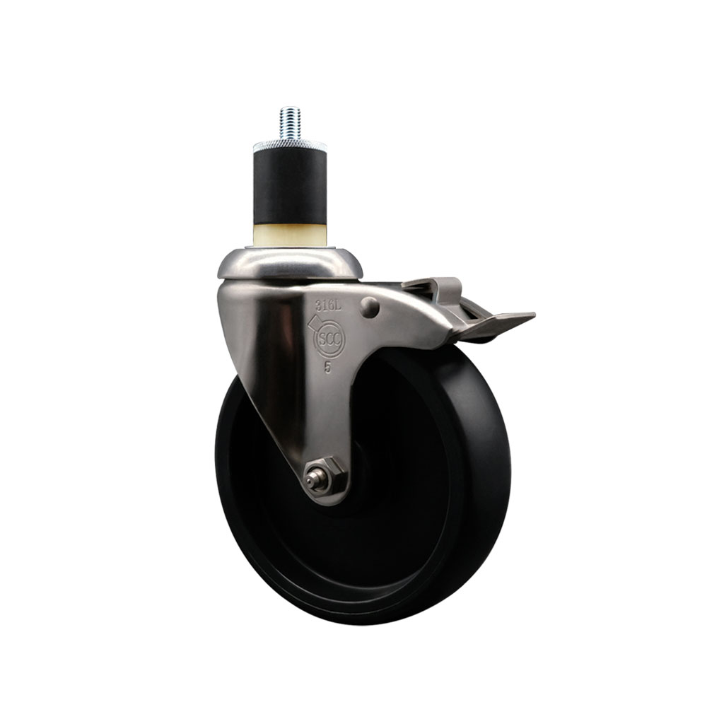 Polyolefin Swivel Stem Caster Wheel with 5 Inch Black Wheel and Total Lock Brake - 1-7/8" Expanding Stem - 316 Stainless Steel Caster - 350 lbs. Capacity Per Caster - Service Caster Brand — photo 1
