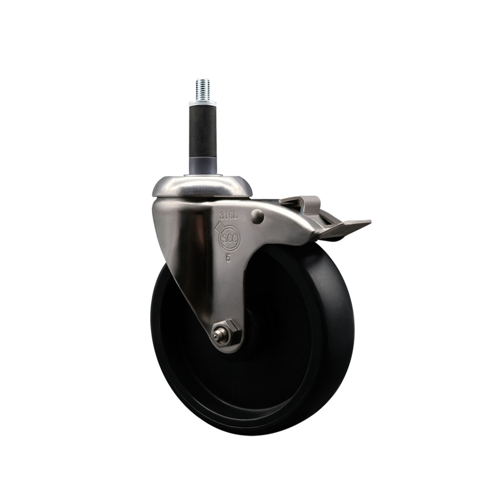 Polyolefin Swivel Stem Caster Wheel with 5 Inch Black Wheel and Total Lock Brake - 1" Expanding Stem - 316 Stainless Steel Caster - 350 lbs. Capacity Per Caster - Service Caster Brand — photo 1
