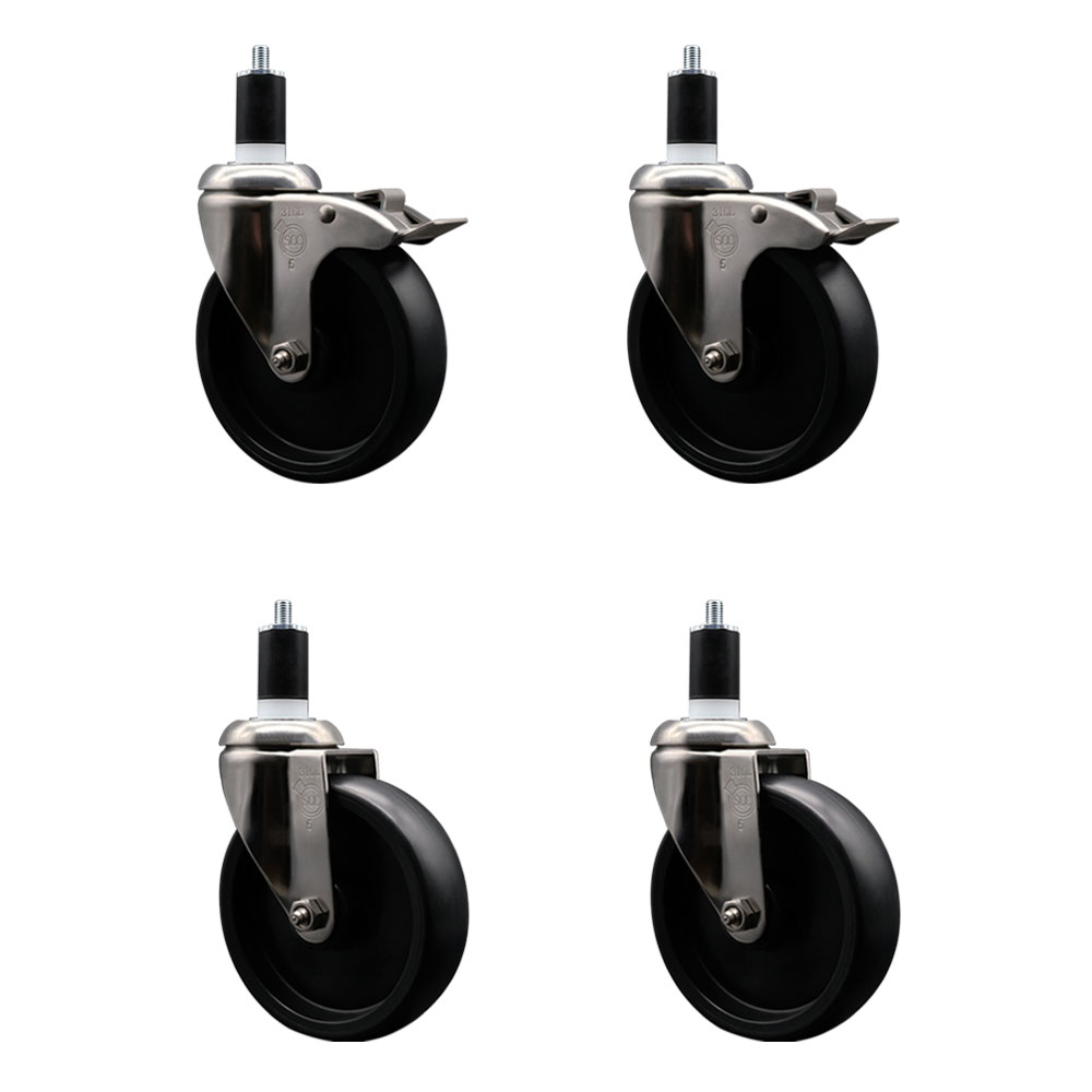 Polyolefin Swivel Stem Caster Wheels Set of 4 with 5 Inch Black Wheels - 1-1/2" Expanding Stem - 316 Stainless Steel Casters-Includes 2 Swivel with Total Lock Brakes and 2 Swivel- Service Caster Brand — photo 1