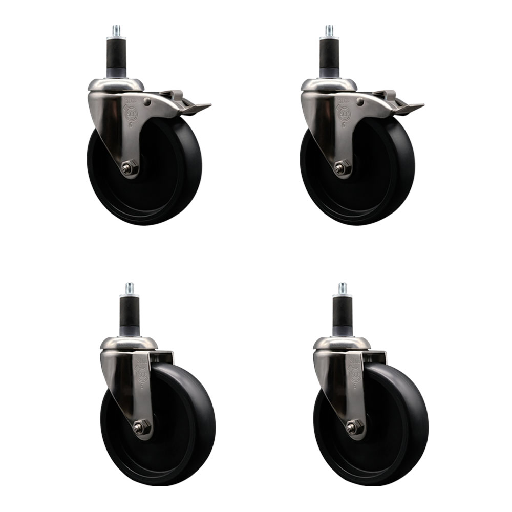 Polyolefin Swivel Stem Caster Wheels Set of 4 with 5 Inch Black Wheels - 1-1/4" Expanding Stem - 316 Stainless Steel Casters-Includes 2 Swivel with Total Lock Brakes and 2 Swivel- Service Caster Brand — photo 1