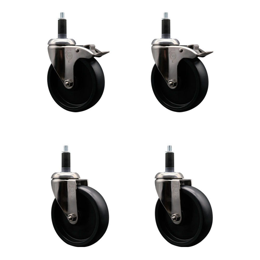 Polyolefin Swivel Stem Caster Wheels Set of 4 with 5 Inch Black Wheels - 1-1/8" Expanding Stem - 316 Stainless Steel Casters-Includes 2 Swivel with Total Lock Brakes and 2 Swivel- Service Caster Brand — photo 1