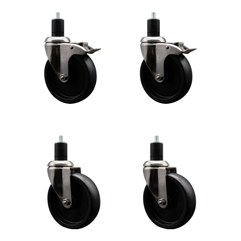 Polyolefin Swivel Stem Caster Wheels Set of 4 with 5 Inch Black Wheels - 1-3/4" Expanding Stem - 316 Stainless Steel Casters-Includes 2 Swivel with Total Lock Brakes and 2 Swivel- Service Caster Brand — photo 1