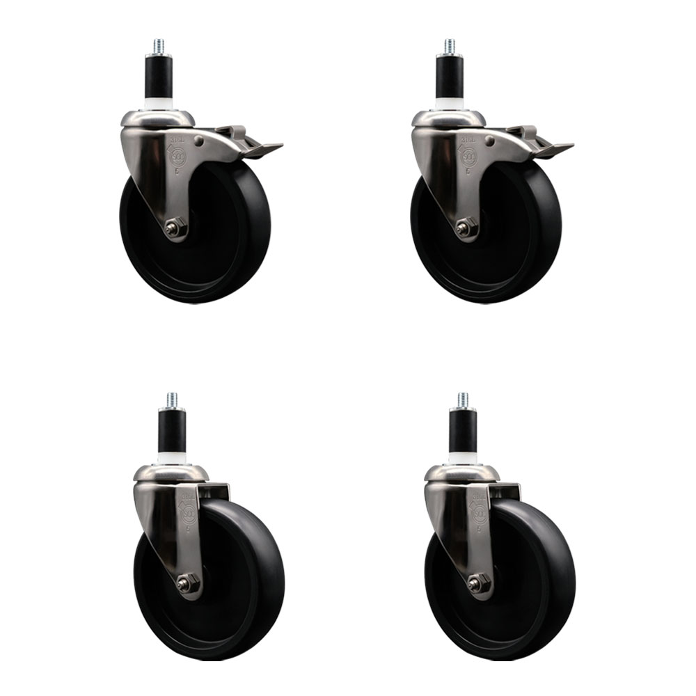Polyolefin Swivel Stem Caster Wheels Set of 4 with 5 Inch Black Wheels - 1-3/8" Expanding Stem - 316 Stainless Steel Casters-Includes 2 Swivel with Total Lock Brakes and 2 Swivel- Service Caster Brand — photo 1