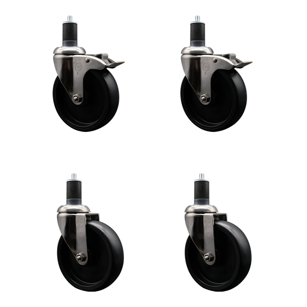 Polyolefin Swivel Stem Caster Wheels Set of 4 with 5 Inch Black Wheels - 1-5/8" Expanding Stem - 316 Stainless Steel Casters-Includes 2 Swivel with Total Lock Brakes and 2 Swivel- Service Caster Brand — photo 1