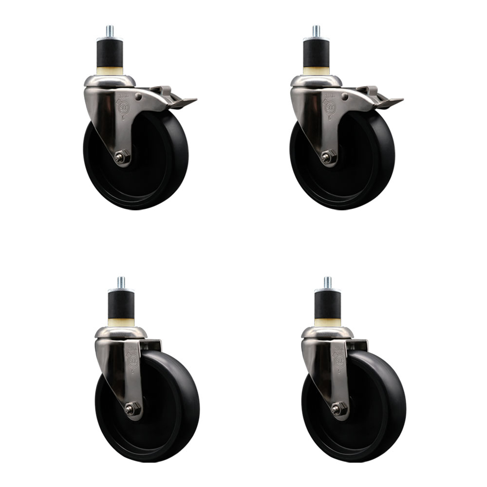 Polyolefin Swivel Stem Caster Wheels Set of 4 with 5 Inch Black Wheels - 1-7/8" Expanding Stem - 316 Stainless Steel Casters-Includes 2 Swivel with Total Lock Brakes and 2 Swivel- Service Caster Brand — photo 1