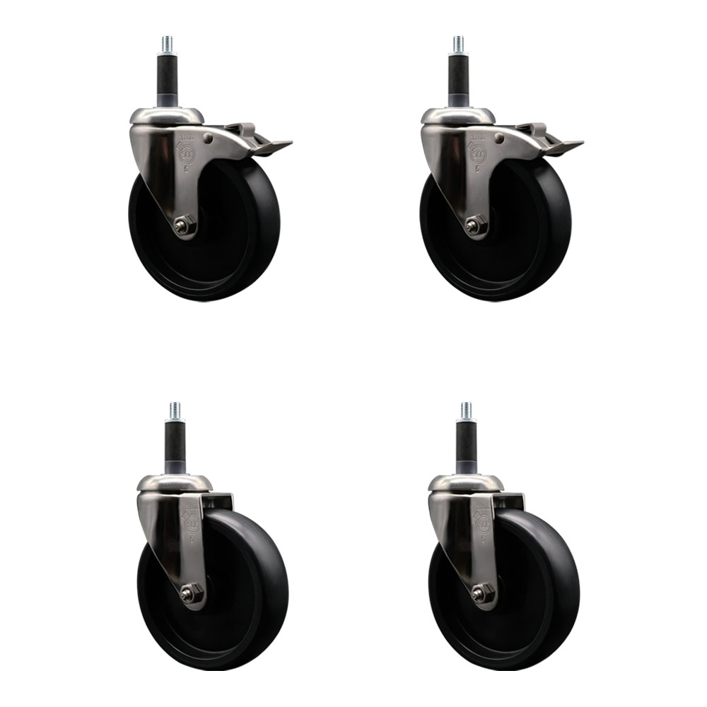 Polyolefin Swivel Stem Caster Wheels Set of 4 with 5 Inch Black Wheels - 1" Expanding Stem - 316 Stainless Steel Casters-Includes 2 Swivel with Total Lock Brakes and 2 Swivel- Service Caster Brand — photo 1