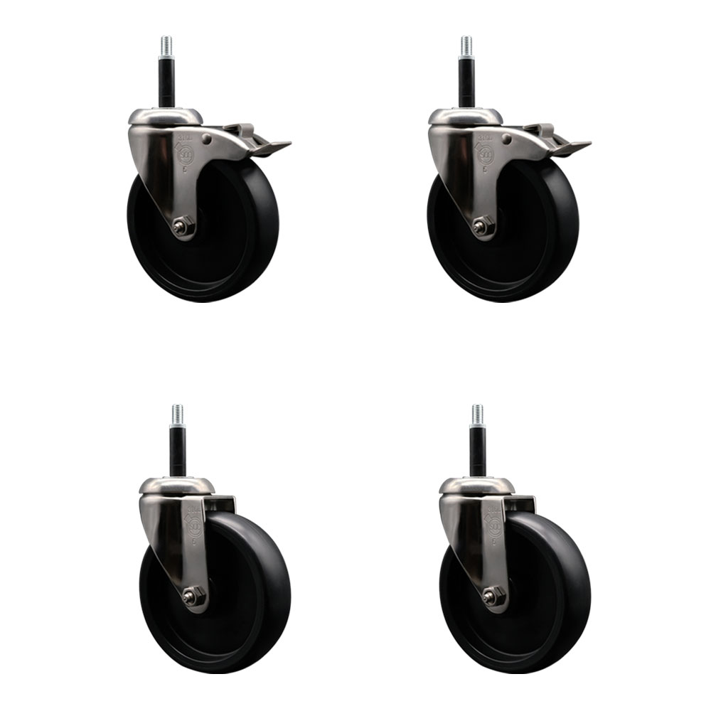 Polyolefin Swivel Stem Caster Wheels Set of 4 with 5 Inch Black Wheels - 3/4" Expanding Stem - 316 Stainless Steel Casters-Includes 2 Swivel with Total Lock Brakes and 2 Swivel- Service Caster Brand — photo 1