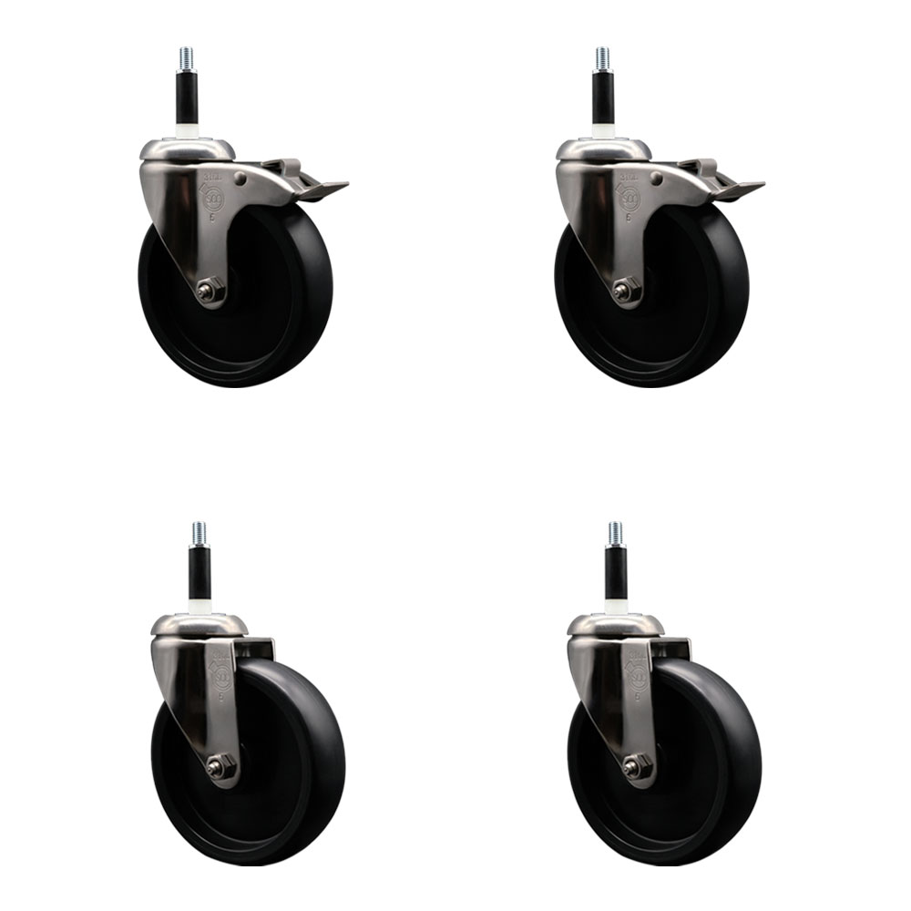 Polyolefin Swivel Stem Caster Wheels Set of 4 with 5 Inch Black Wheels - 7/8" Expanding Stem - 316 Stainless Steel Casters-Includes 2 Swivel with Total Lock Brakes and 2 Swivel- Service Caster Brand — photo 1