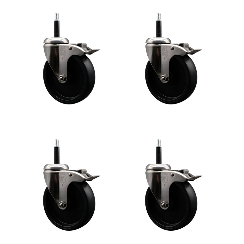 Polyolefin Swivel Stem Caster Wheels Set of 4 with 5 Inch Black Wheels - 3/4" Expanding Stems - 316 Stainless Steel Casters - Includes 4 Swivel Casters with Top Lock Brakes - Service Caster Brand — photo 1