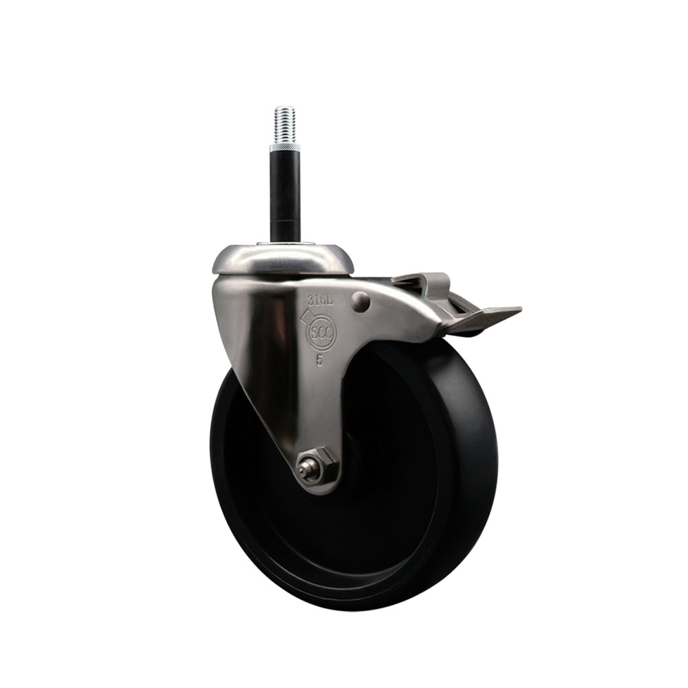 Polyolefin Swivel Stem Caster Wheel with 5 Inch Black Wheel and Total Lock Brake - 3/4" Expanding Stem - 316 Stainless Steel Caster - 350 lbs. Capacity Per Caster - Service Caster Brand — photo 1