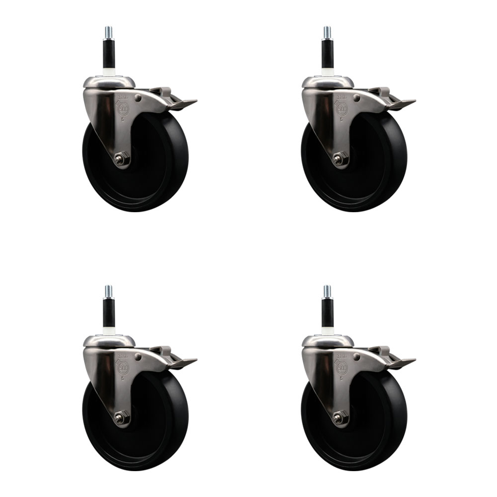 Polyolefin Swivel Stem Caster Wheels Set of 4 with 5 Inch Black Wheels - 7/8" Expanding Stems - 316 Stainless Steel Casters - Includes 4 Swivel Casters with Top Lock Brakes - Service Caster Brand — photo 1