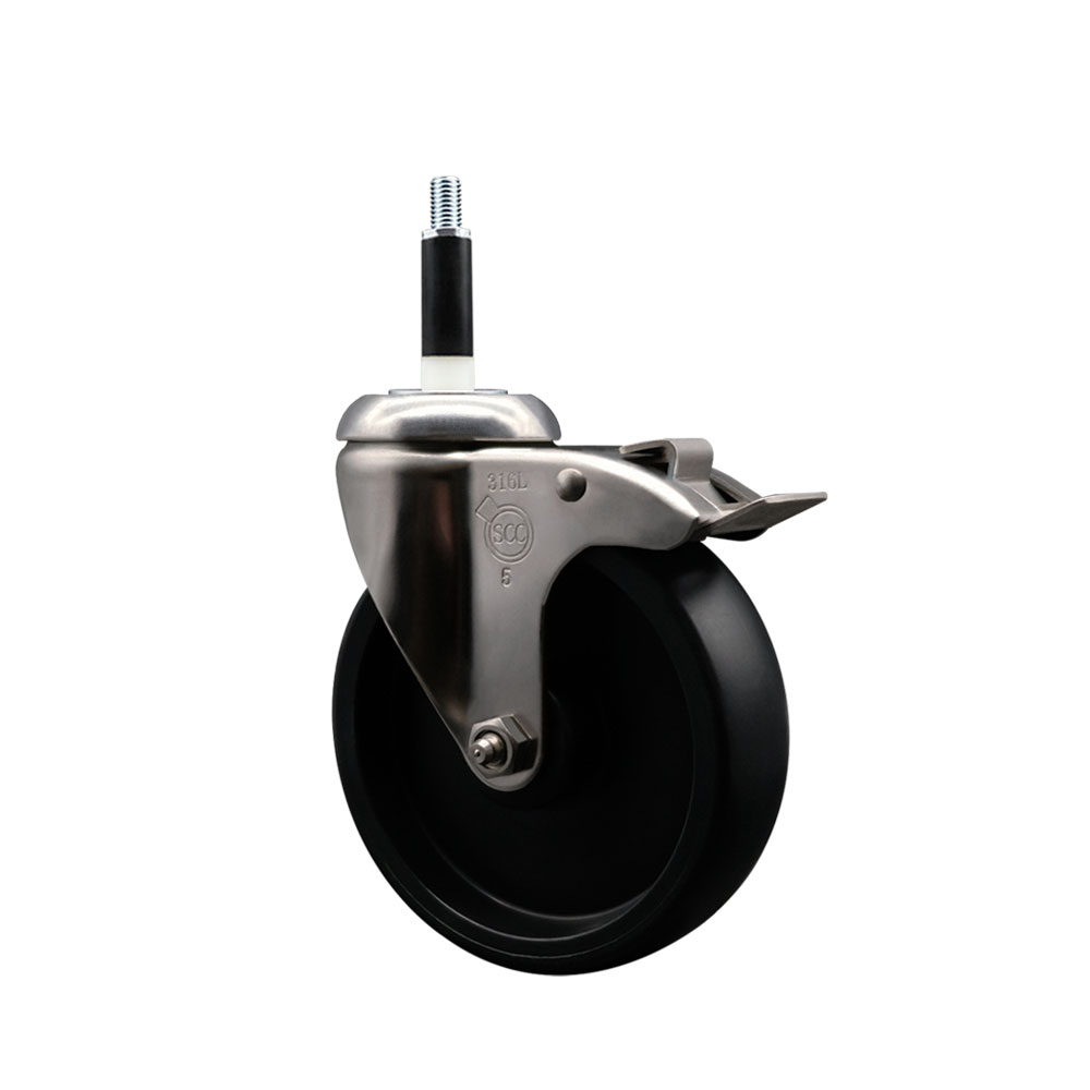 Polyolefin Swivel Stem Caster Wheel with 5 Inch Black Wheel and Total Lock Brake - 7/8" Expanding Stem - 316 Stainless Steel Caster - 350 lbs. Capacity Per Caster - Service Caster Brand — photo 1