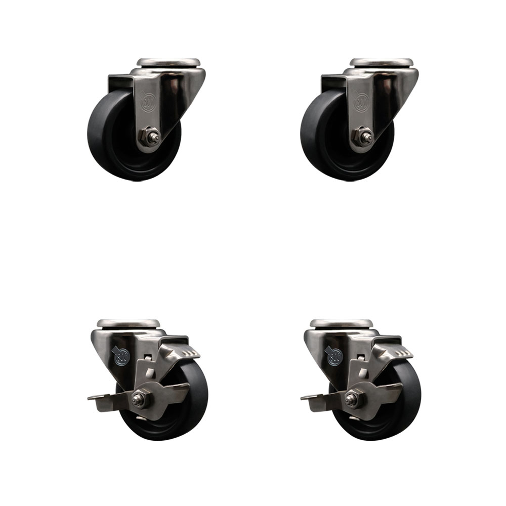 Stainless Steel Polyolefin Swivel Bolt Hole Caster Wheels Set of 4 with 3 Inch Black Wheels - Includes 2 with Top Lock Brakes - 1200 lbs. Total Capacity - Service Caster Brand — photo 1