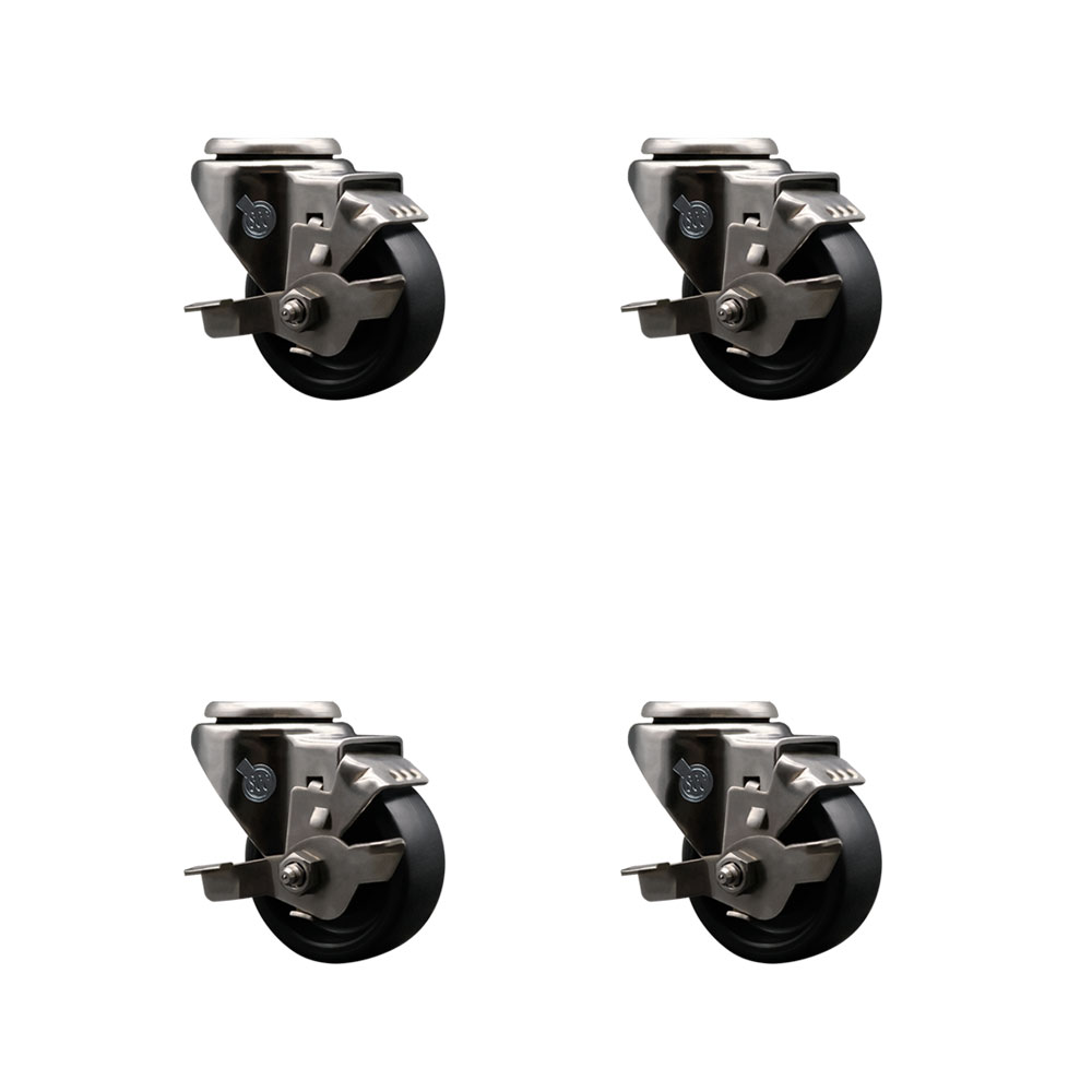 Stainless Steel Polyolefin Swivel Bolt Hole Caster Wheels Set of 4 with 3 Inch Black Wheels - Includes 4 Swivel with Top Lock Brakes - 1200 lbs. Total Capacity - Service Caster Brand — photo 1