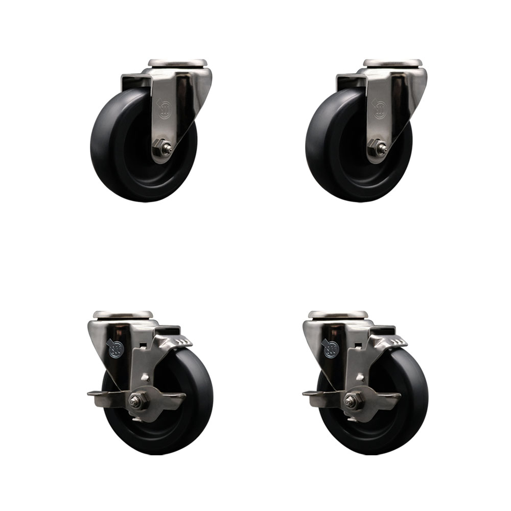 Stainless Steel Polyolefin Swivel Bolt Hole Caster Wheels Set of 4 with 4 Inch Black Wheels - Includes 2 with Top Locking Brakes - 1400 lbs. Total Capacity - Service Caster Brand — photo 1