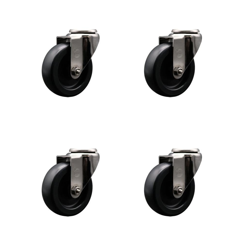 Stainless Steel Polyolefin Swivel Bolt Hole Caster Wheels Set of 4 with 4 Inch Black Wheels - Includes 4 Swivel - 1400 lbs. Total Capacity - Service Caster Brand — photo 1