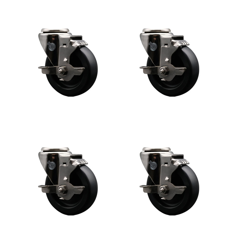 Stainless Steel Polyolefin Swivel Bolt Hole Caster Wheels Set of 4 with 4 Inch Black Wheels - Includes 4 Swivel with Top Lock Brakes - 1400 lbs. Total Capacity - Service Caster Brand — photo 1