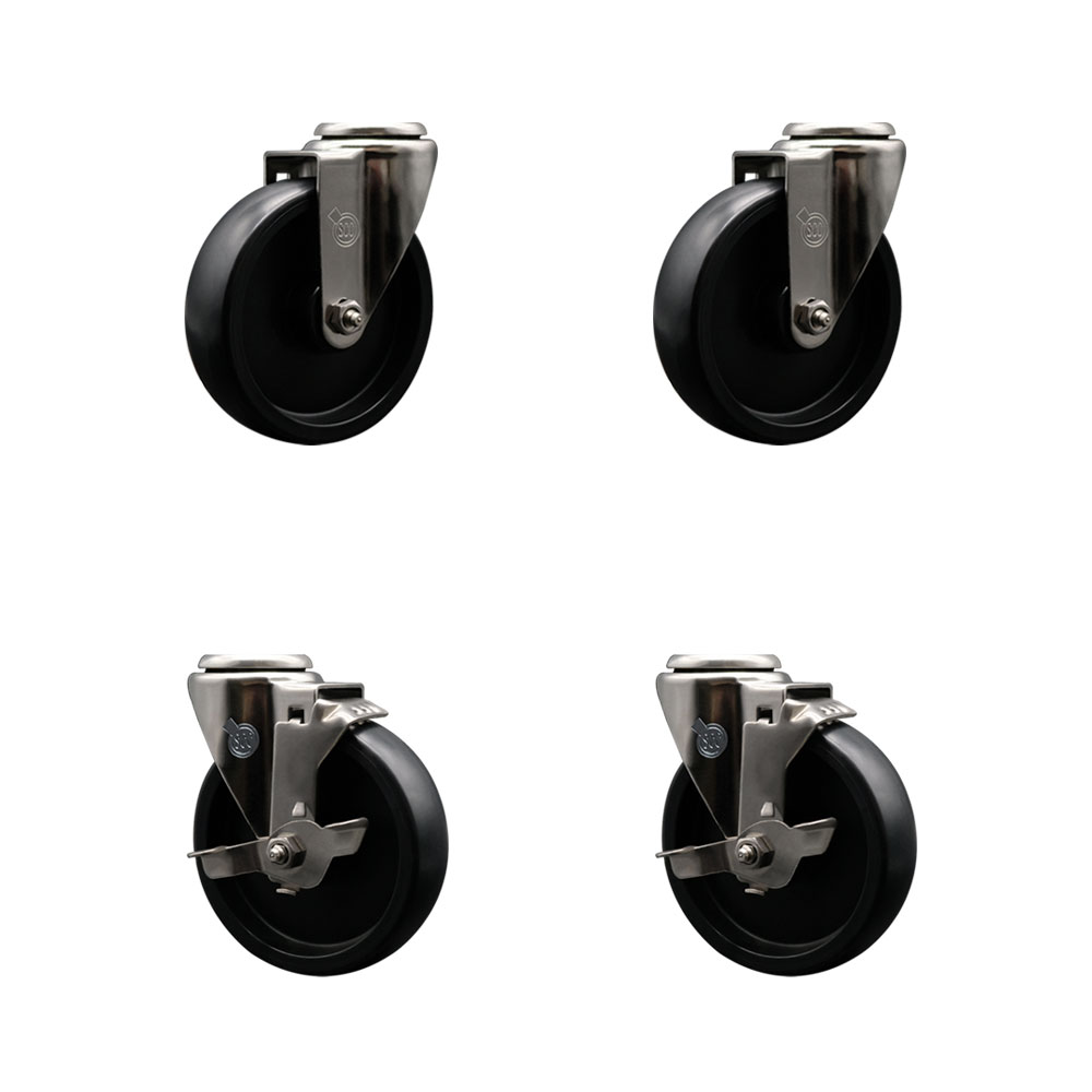 Stainless Steel Polyolefin Swivel Bolt Hole Caster Wheels Set of 4 with 5 Inch Black Wheels - Includes 2 with Top Lock Brakes - 1400 lbs. Total Capacity - Service Caster Brand — photo 1