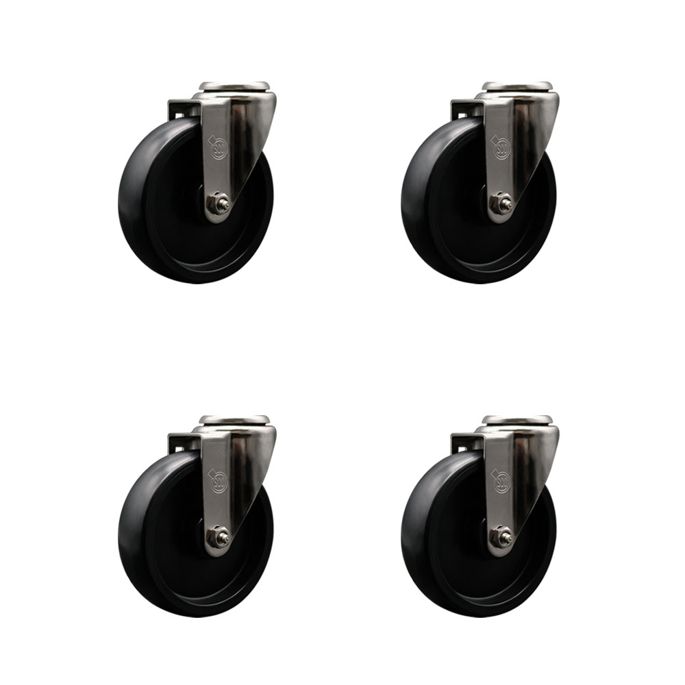 Stainless Steel Polyolefin Swivel Bolt Hole Caster Wheels Set of 4 with 5 Inch Black Wheels - Includes 4 Swivel - 1400 lbs. Total Capacity - Service Caster Brand — photo 1