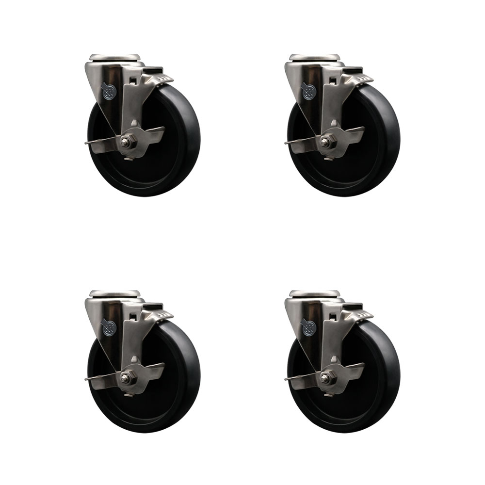 Stainless Steel Polyolefin Swivel Bolt Hole Caster Wheels Set of 4 with 5 Inch Black Wheels - Includes 4 Swivel with Top Lock Brakes - 1400 lbs. Total Capacity - Service Caster Brand — photo 1