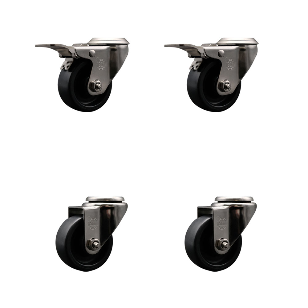 Stainless Steel Polyolefin Swivel Bolt Hole Caster Wheels Set of 4 with 3 Inch Black Wheels - Includes 2 with Total Lock Brakes - 1200 lbs. Total Capacity - Service Caster Brand — photo 1