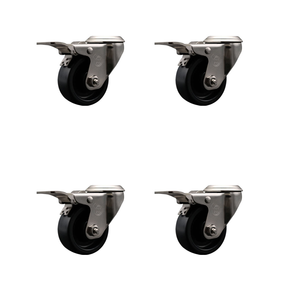 Stainless Steel Polyolefin Swivel Bolt Hole Caster Wheels Set of 4 with 3 Inch Black Wheels - Includes 4 Swivel with Total Lock Brakes - 1200 lbs. Total Capacity - Service Caster Brand — photo 1