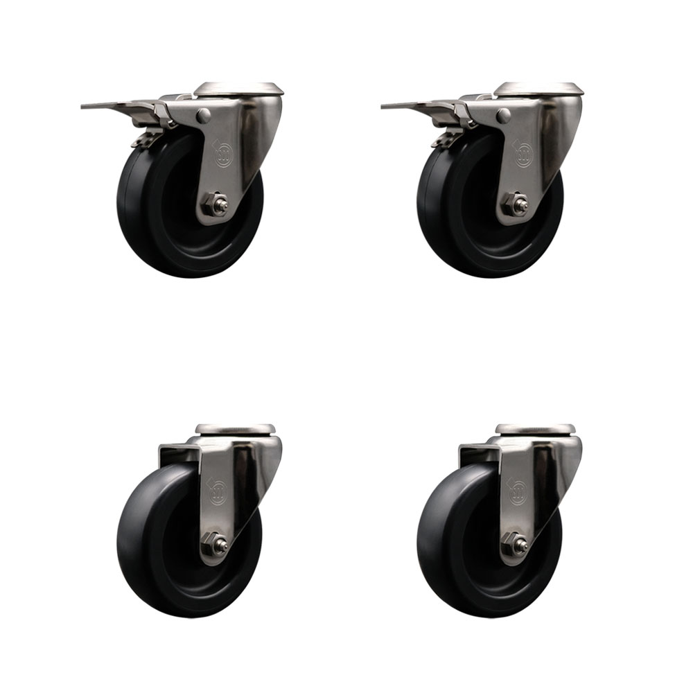 Stainless Steel Polyolefin Swivel Bolt Hole Caster Wheels Set of 4 with 4 Inch Black Wheels - Includes 2 with Total Locking Brakes - 1400 lbs. Total Capacity - Service Caster Brand — photo 1