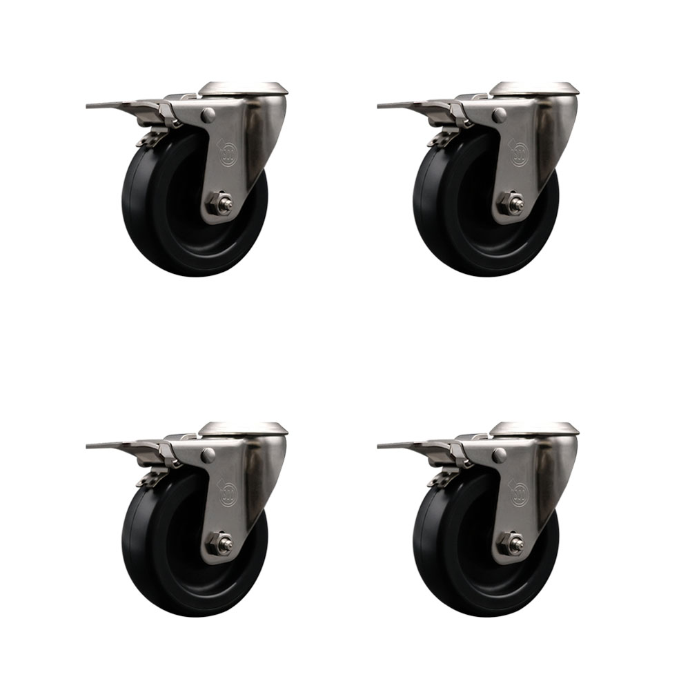 Stainless Steel Polyolefin Swivel Bolt Hole Caster Wheels Set of 4 with 4 Inch Black Wheels - Includes 4 Swivel with Total Lock Brakes - 1400 lbs. Total Capacity - Service Caster Brand — photo 1